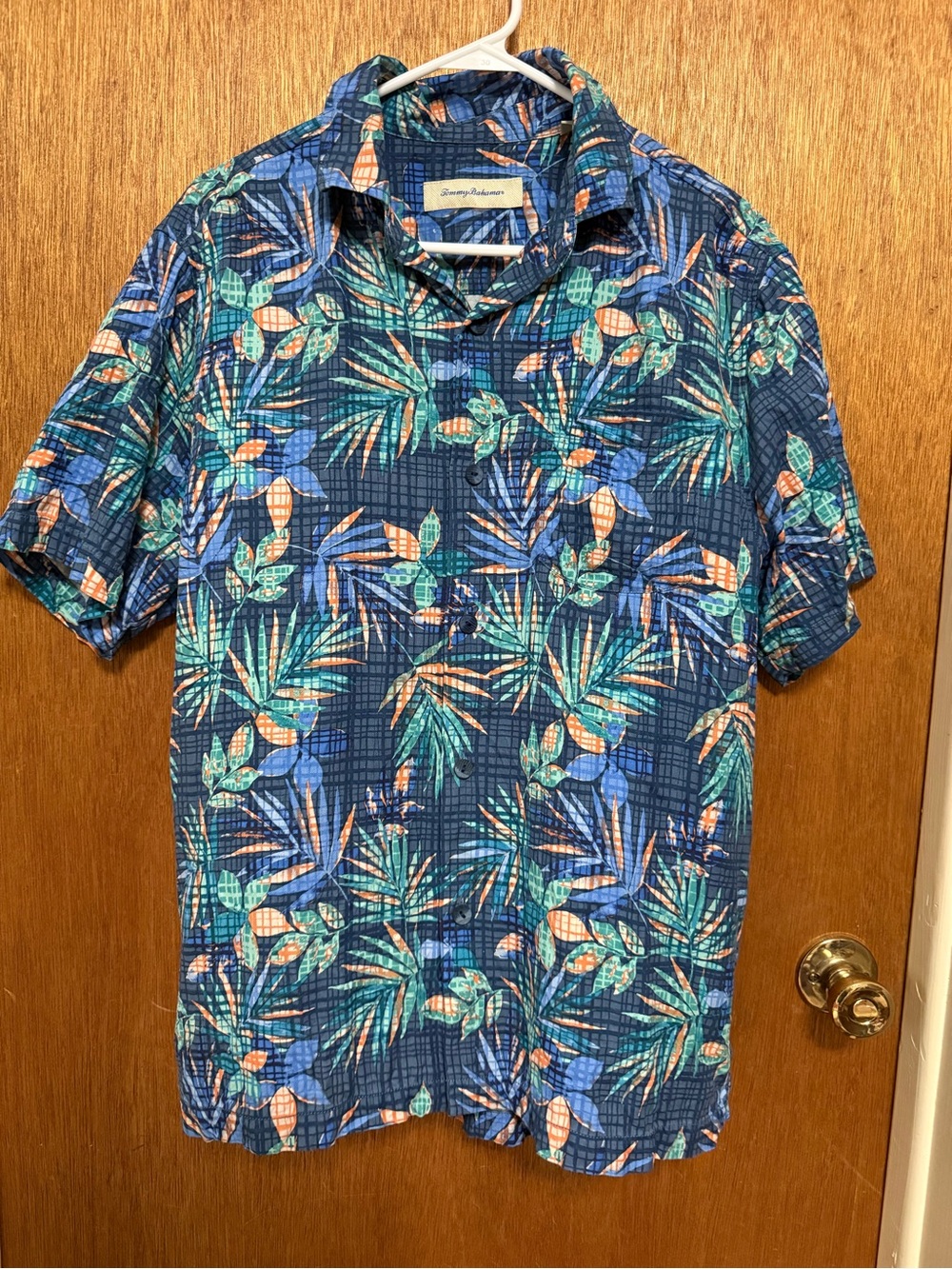 Tommy Bahama Navy Blue Tropical Print Short-Sleeve Button-Down Silk Shirt